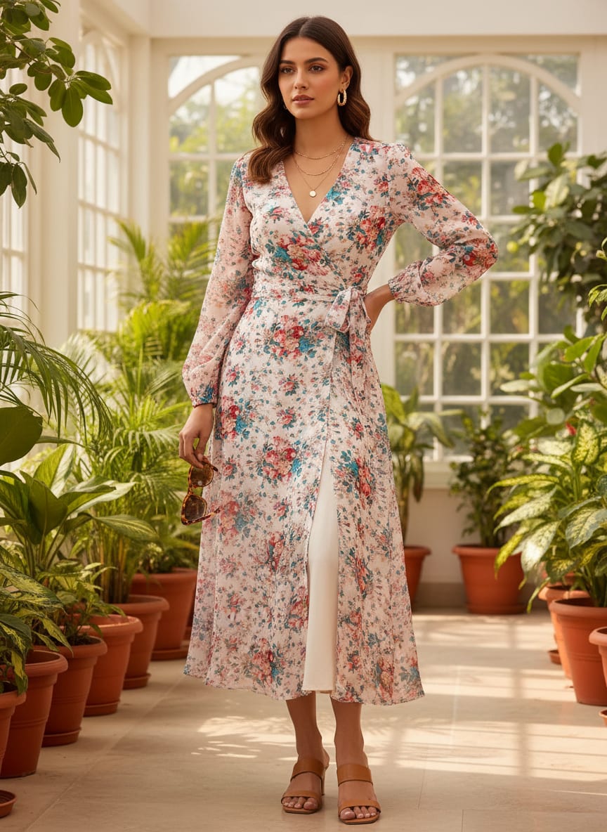 Beautiful Ditsy Flowers On Blue Digital Printed Fabric - Pure Georgette