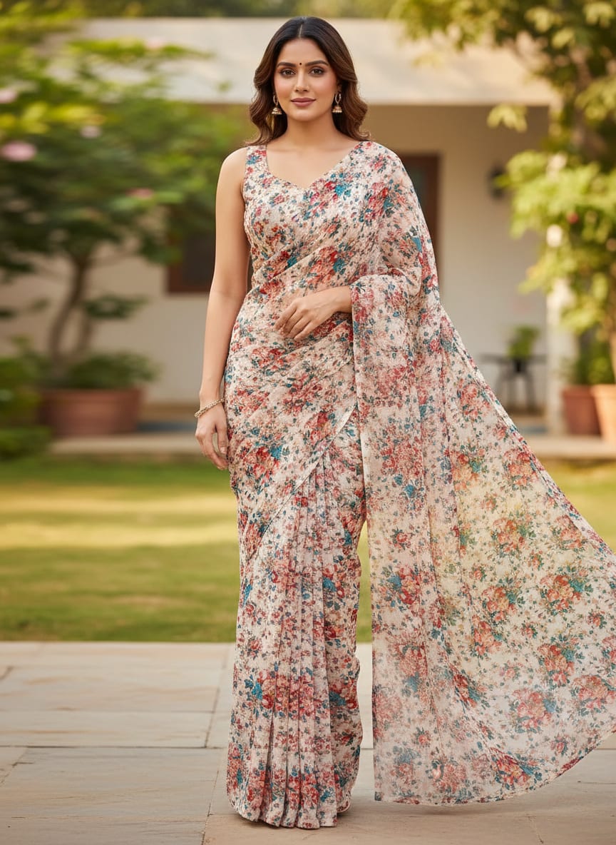 Multicolor Vintage Rose Bouquet Floral Pure Georgette Digital Printed Fabric