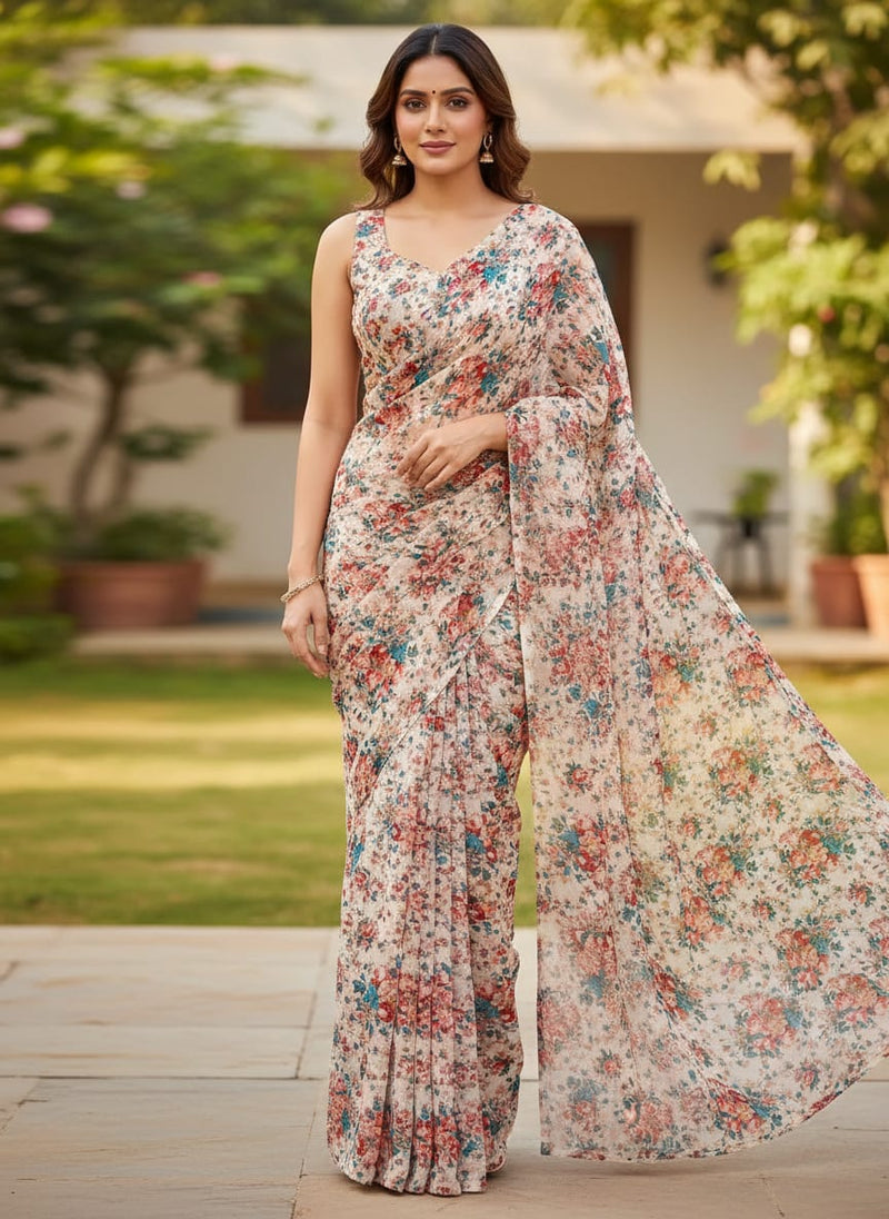 Multicolor Vintage Rose Bouquet Floral Pure Georgette Digital Printed Fabric