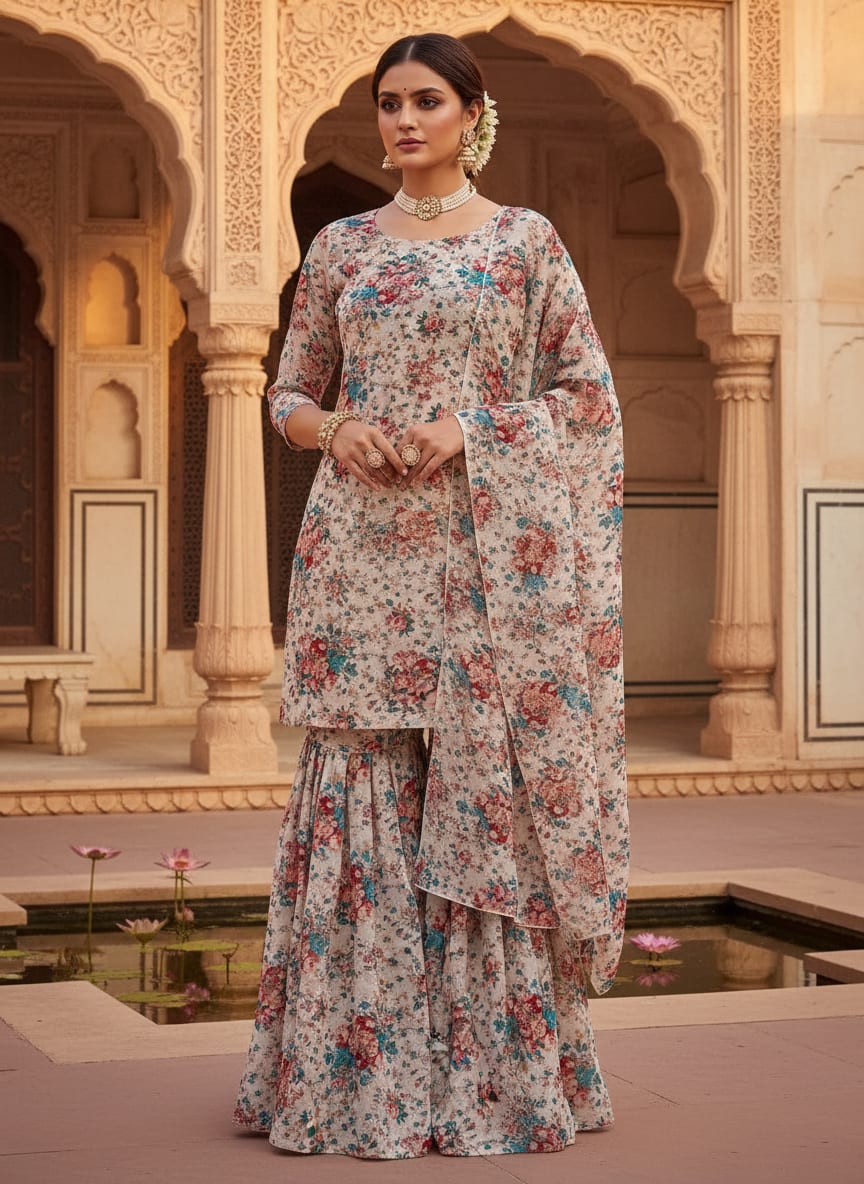 Beautiful Ditsy Flowers On Blue Digital Printed Fabric - Pure Georgette