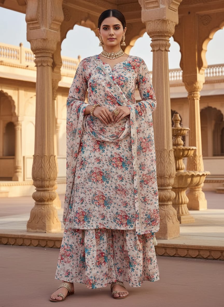 Beautiful Ditsy Flowers On Blue Digital Printed Fabric - Pure Georgette