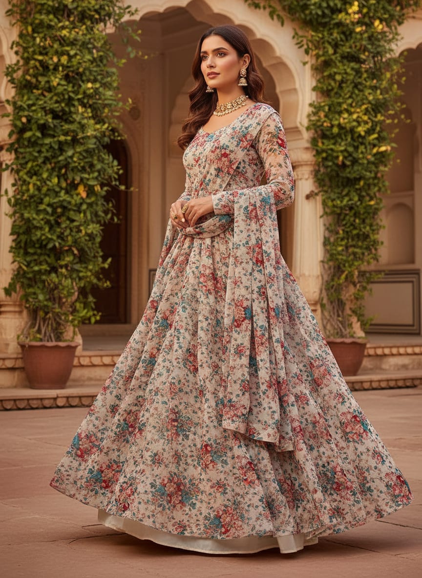 Beautiful Ditsy Flowers On Blue Digital Printed Fabric - Pure Georgette