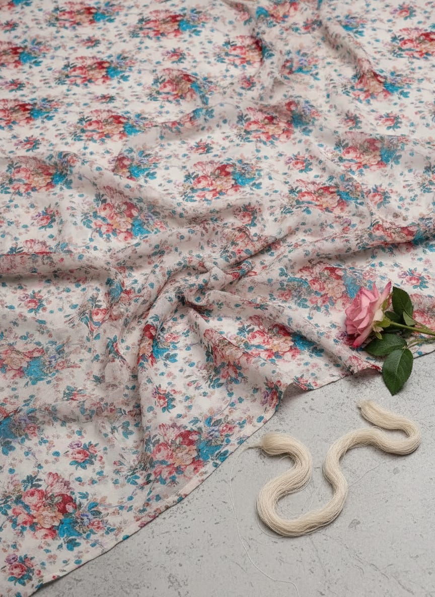 Multicolor Vintage Rose Bouquet Floral Pure Georgette Digital Printed Fabric