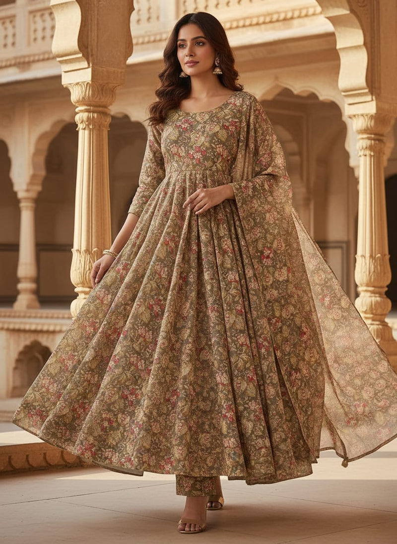 Decorative Leaves With Chiku Brown Digital Printed Fabric - Tusser Silk