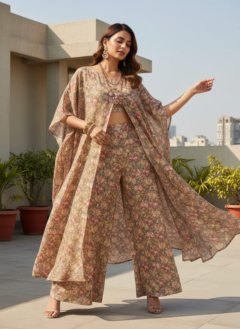 Decorative Leaves With Chiku Brown Digital Printed Fabric - Tusser Silk