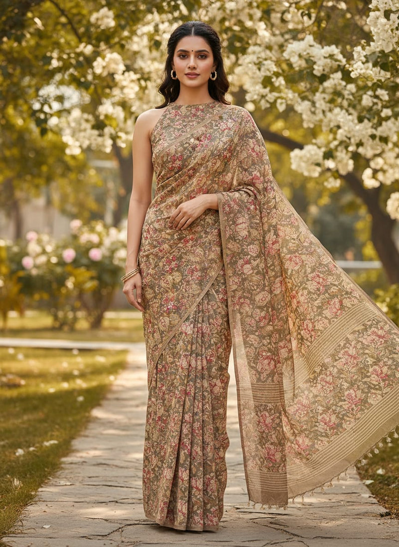 Decorative Leaves With Chiku Brown Digital Printed Fabric - Tusser Silk