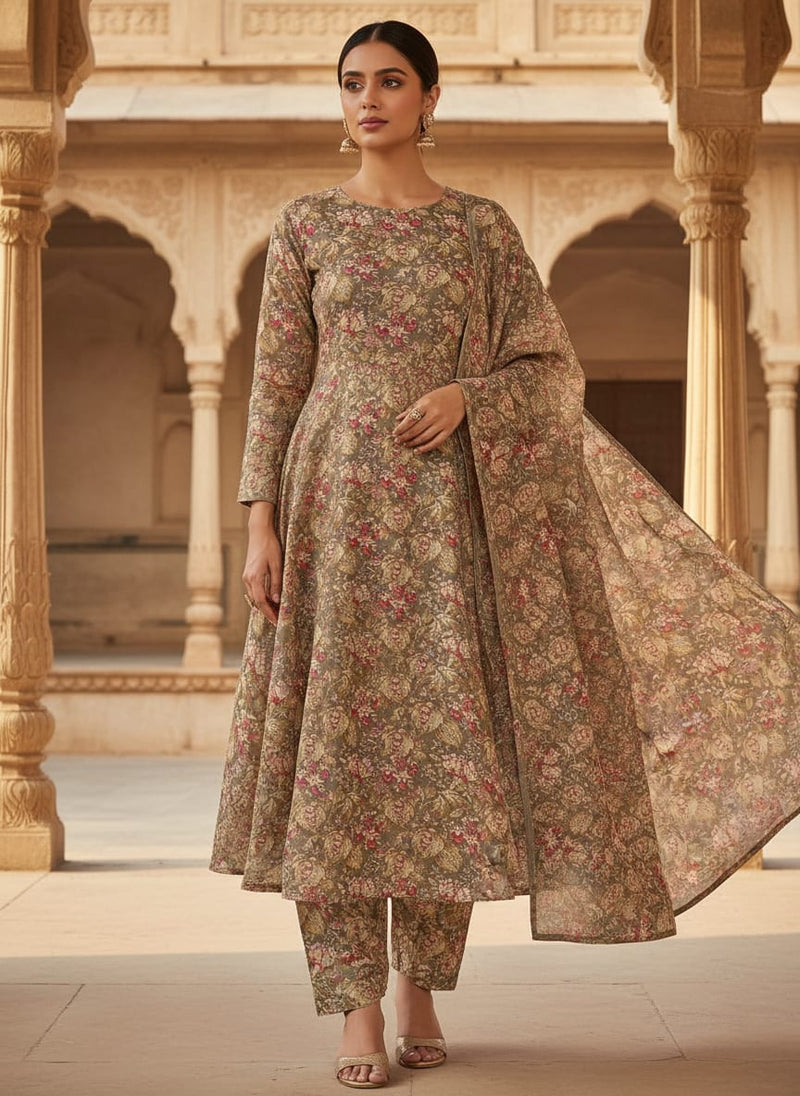 Decorative Leaves With Chiku Brown Digital Printed Fabric - Tusser Silk