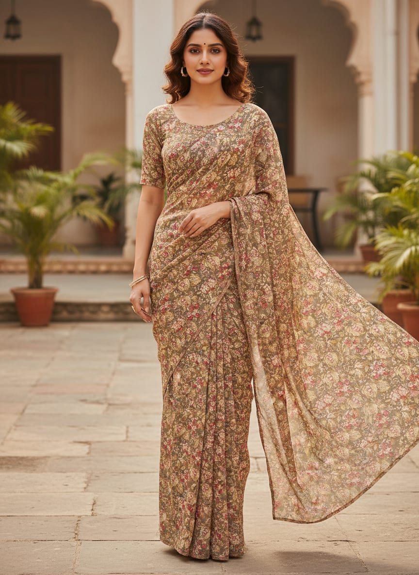 Brown Vintage Floral Botanical Silk Crepe Digital Printed Fabric