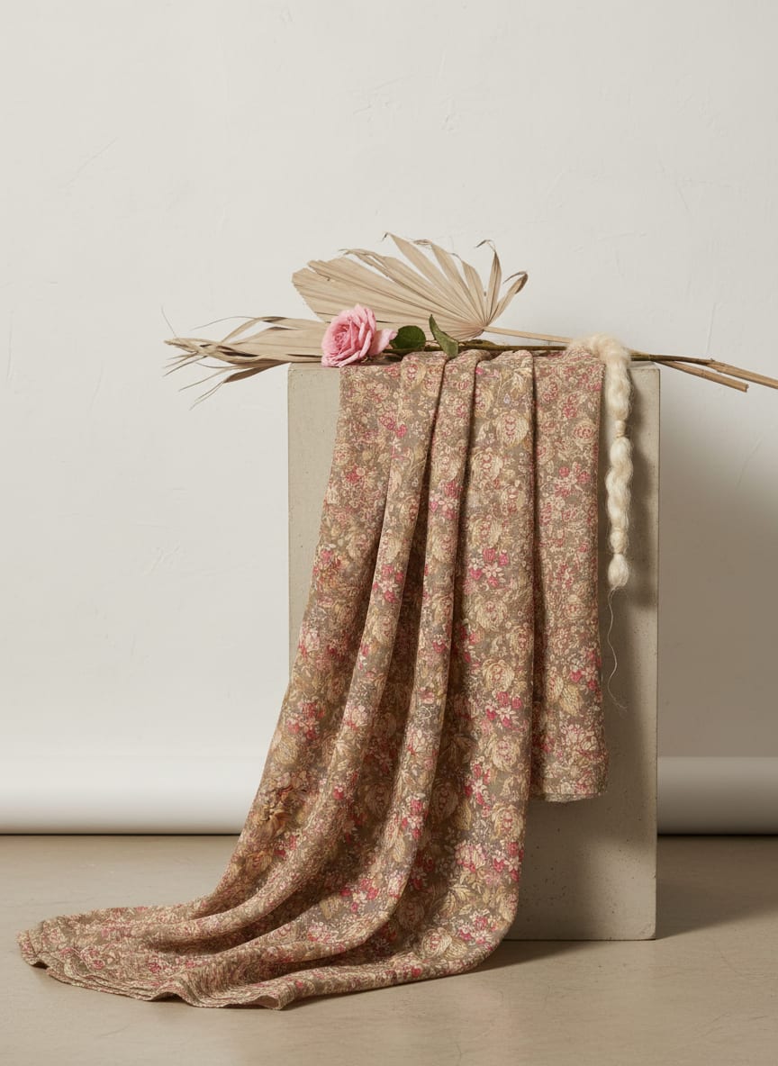 Brown Vintage Floral Botanical Silk Crepe Digital Printed Fabric