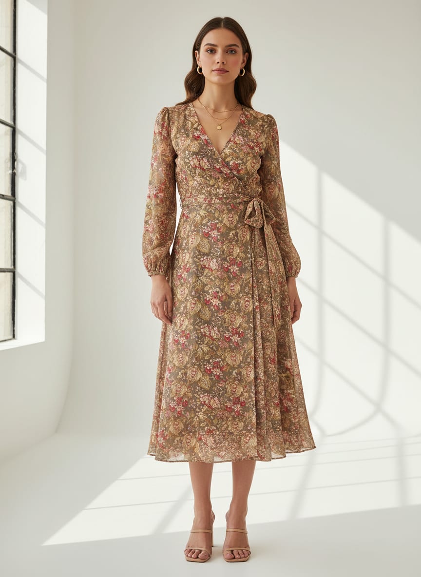 Brown Vintage Floral Botanical Silk Crepe Digital Printed Fabric