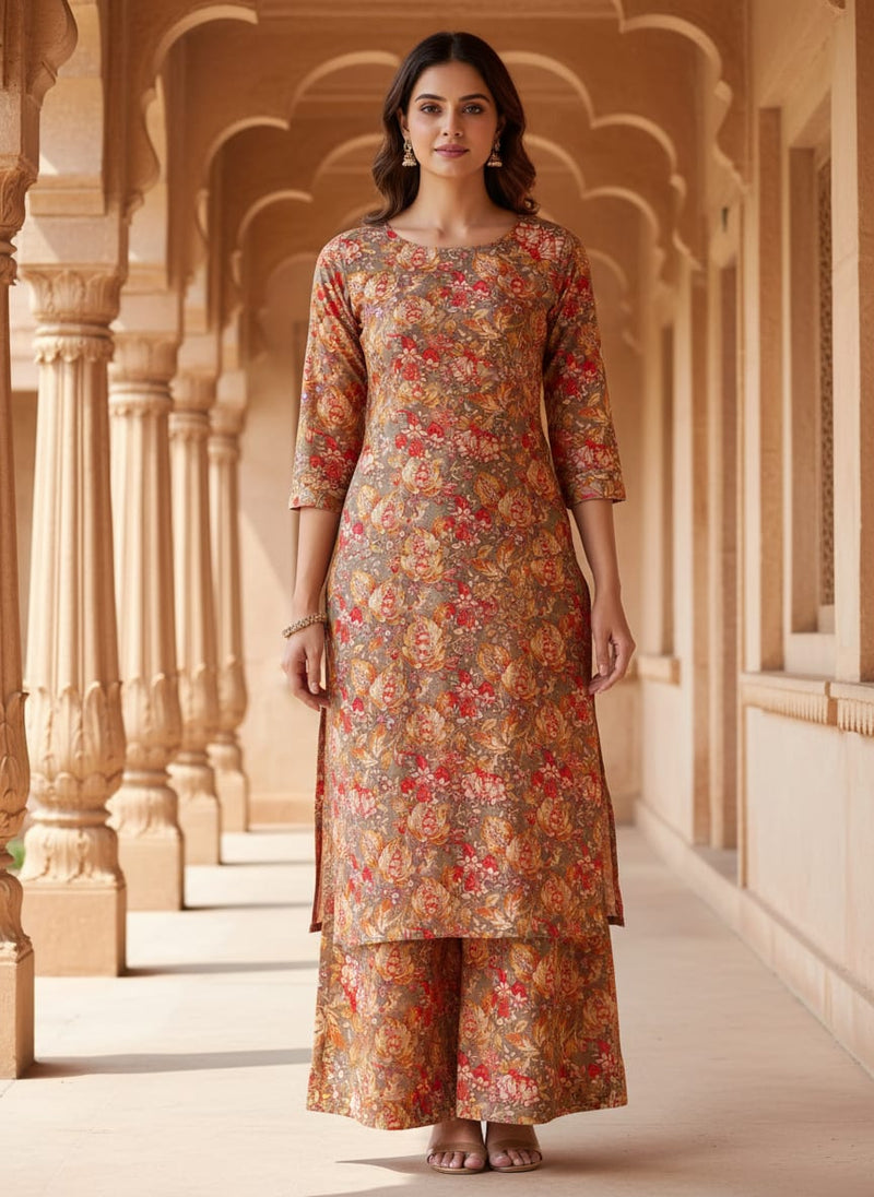 Decorative Leaves With Chiku Brown Digital Printed Fabric - Pure Cotton