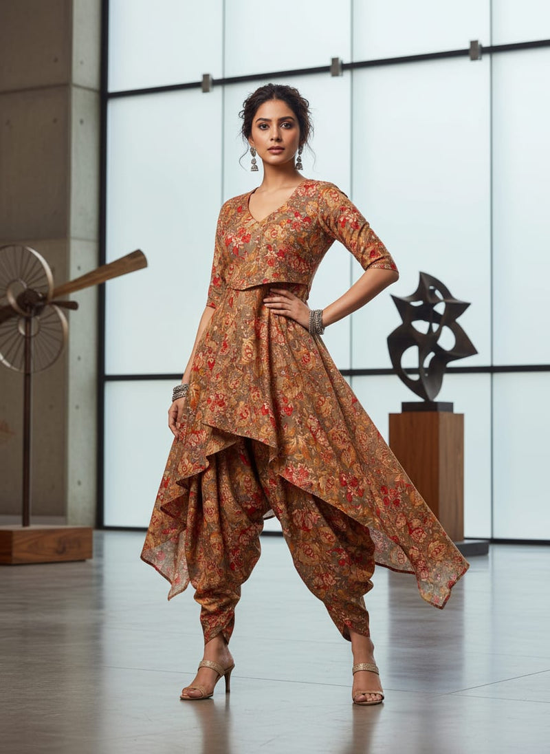 Decorative Leaves With Chiku Brown Digital Printed Fabric - Pure Cotton