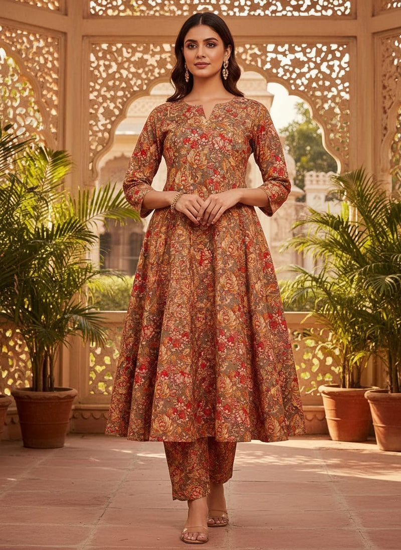 Decorative Leaves With Chiku Brown Digital Printed Fabric - Pure Cotton