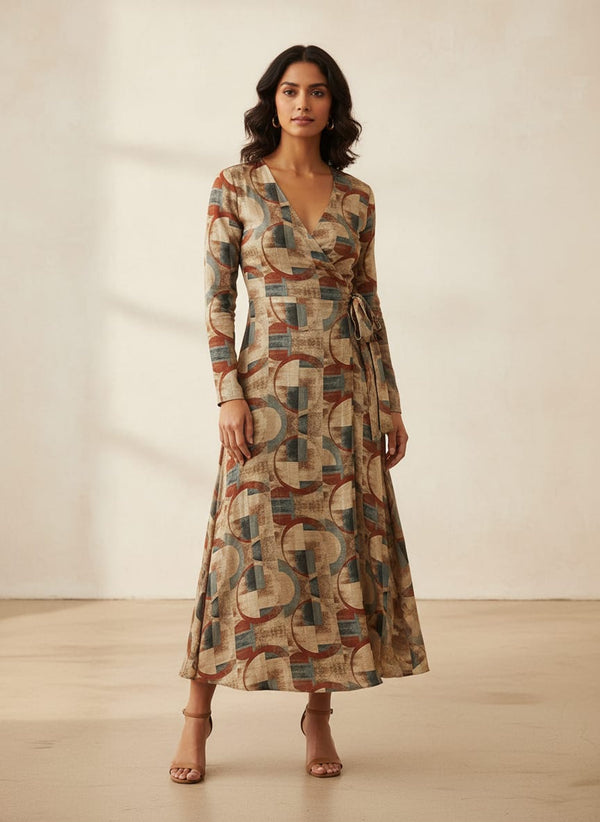 Multicolor Abstract Geometric Circles Print Tusser Silk Digital Printed Fabric - Wrap Dress Lookbook - TS-0-TA05685-110 - alternate view