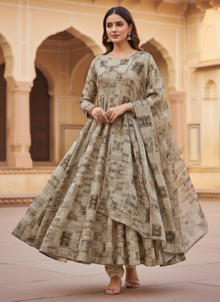 Checkered Pattern With Decorative Motifs Digital Printed Fabric - Tusser Silk