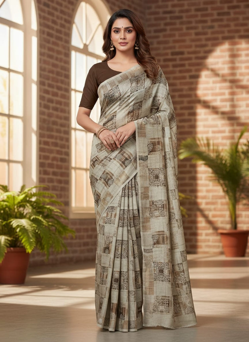 Checkered Pattern With Decorative Motifs Digital Printed Fabric - Tusser Silk