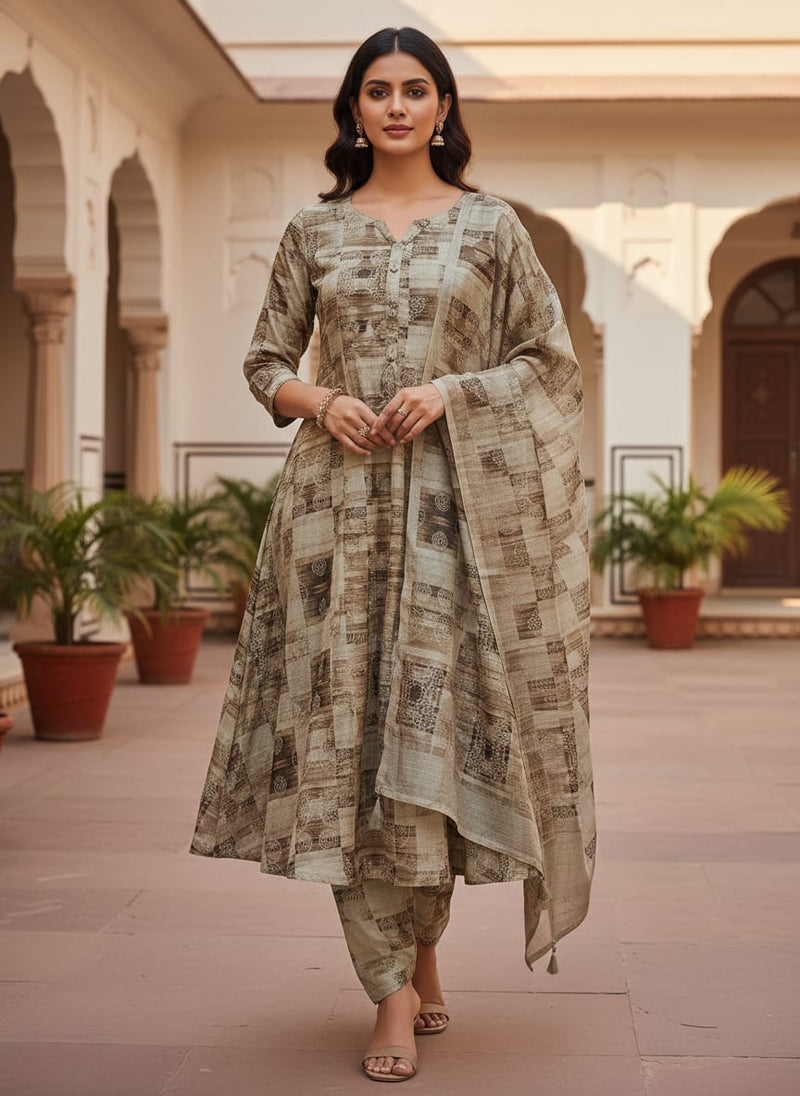 Brown Ethnic Geometric Checkered Pattern Tusser Silk Digital Printed Fabric