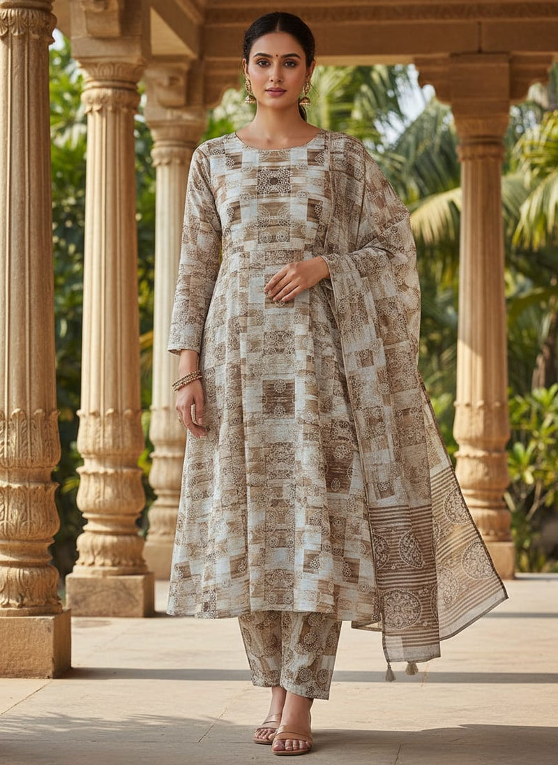 Checkered Pattern With Decorative Motifs Digital Printed Fabric - Muslin