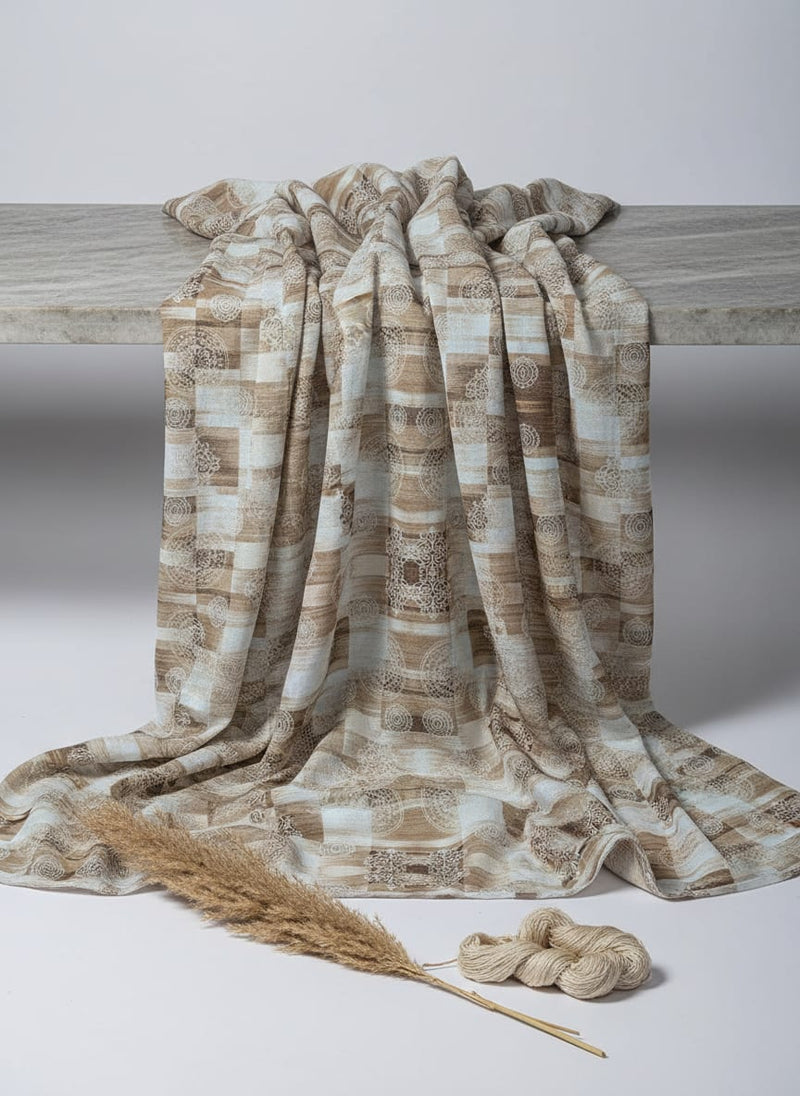 Checkered Pattern With Decorative Motifs Digital Printed Fabric - Muslin