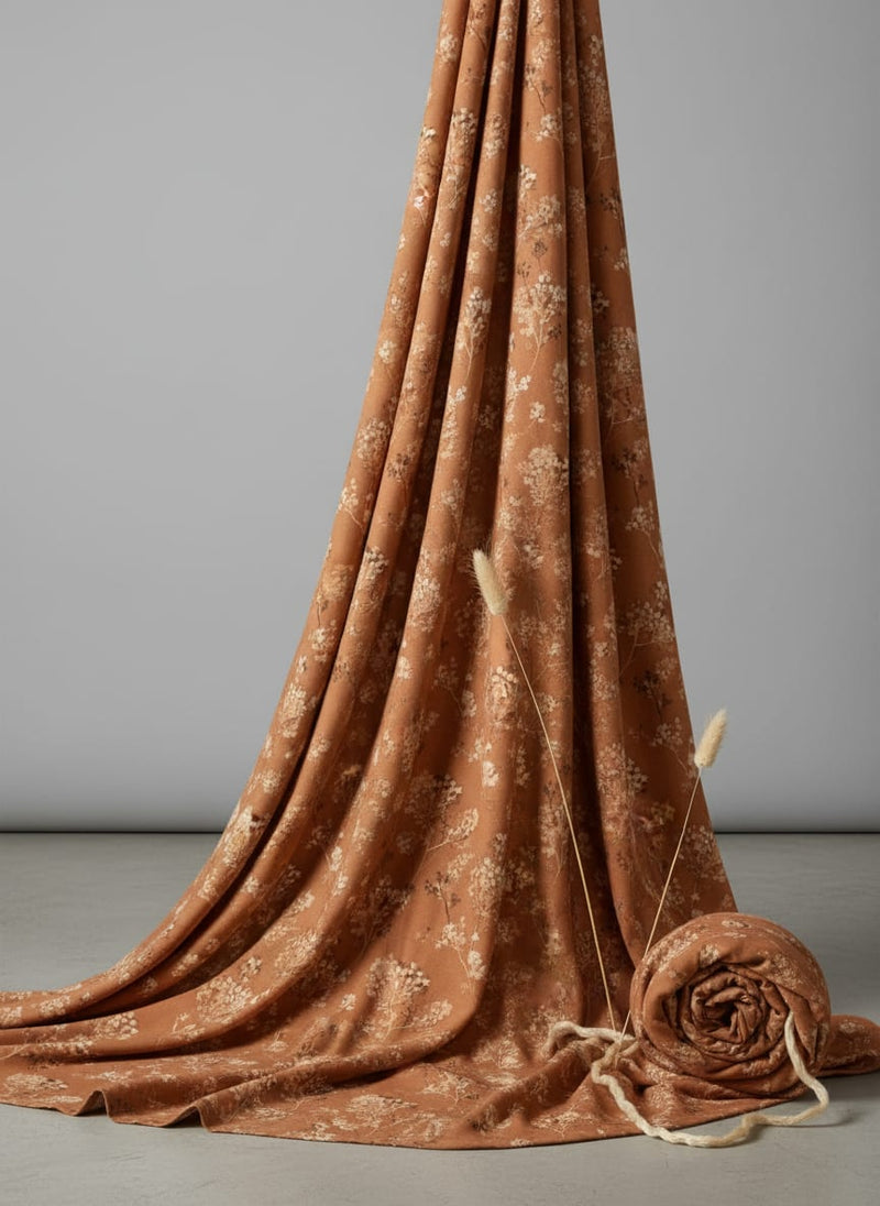 Brown Dainty Botanical Floral Pure Muslin Digital Printed Fabric