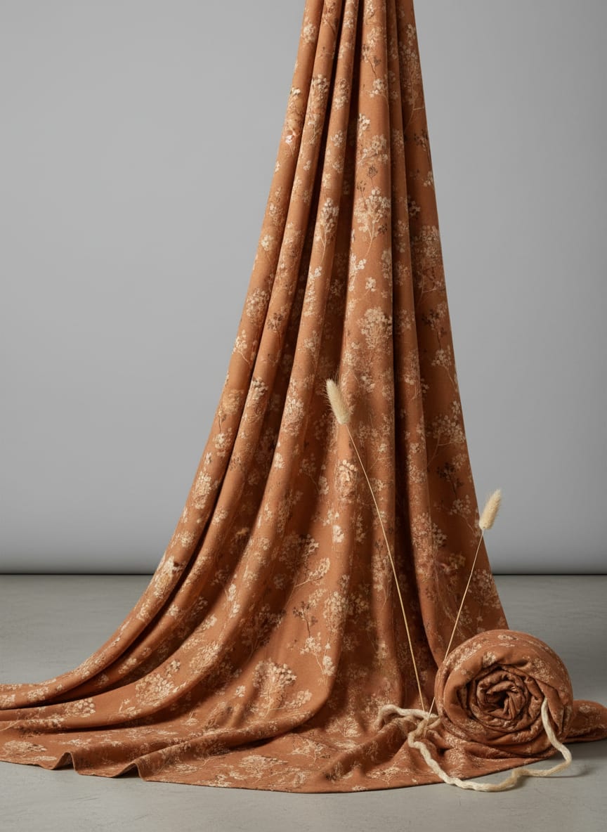 Brown Dainty Botanical Floral Pure Muslin Digital Printed Fabric