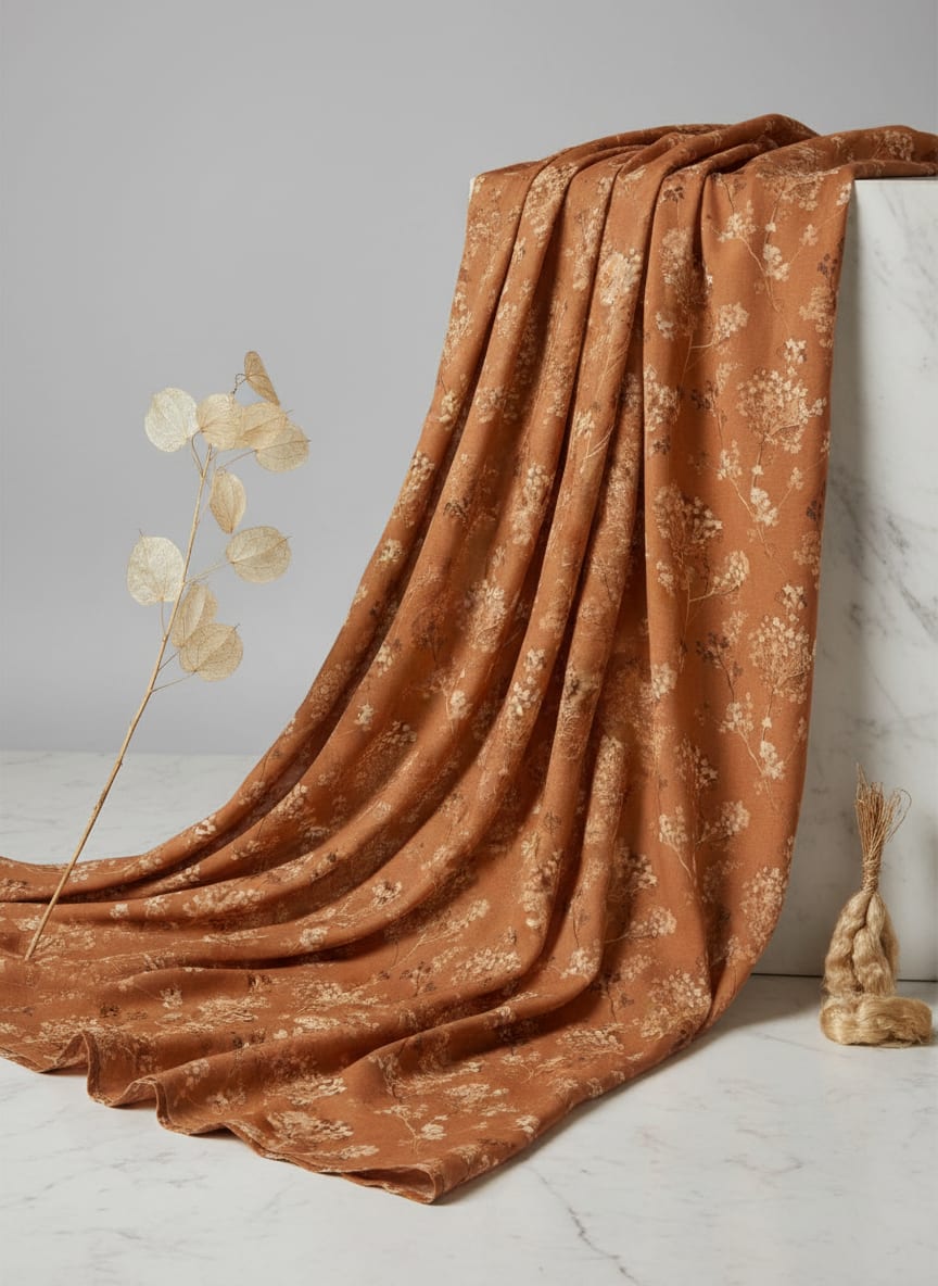 Brown Dainty Botanical Floral Pure Muslin Digital Printed Fabric