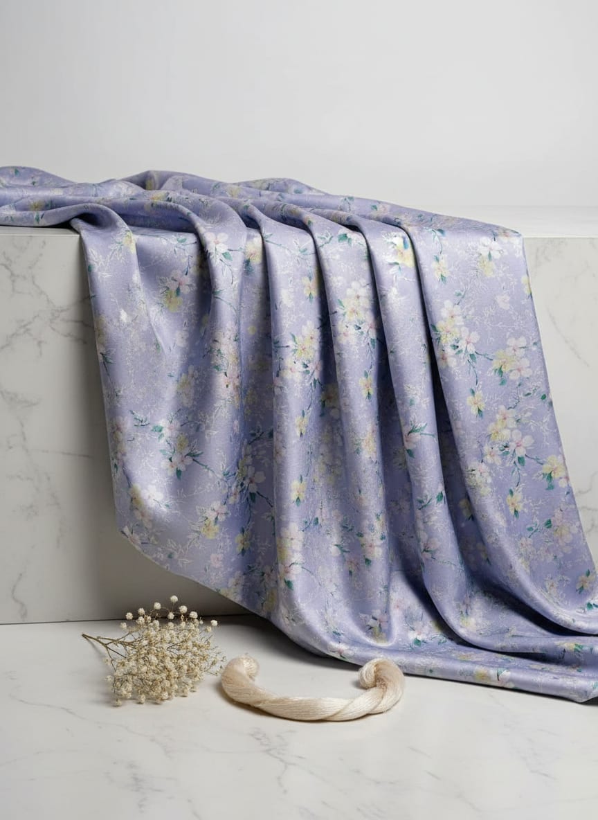 Beautiful White Jasmine Valley Flower Digital Printed Fabric - Japan Satin