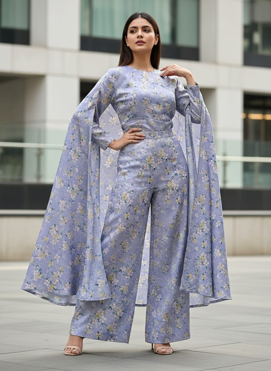 Blue Dainty Floral Blossom Japan Satin Digital Printed Fabric