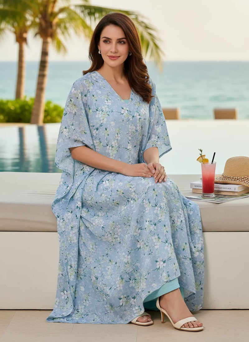 Blue Dainty Floral Blossom Print Muslin Digital Printed Fabric