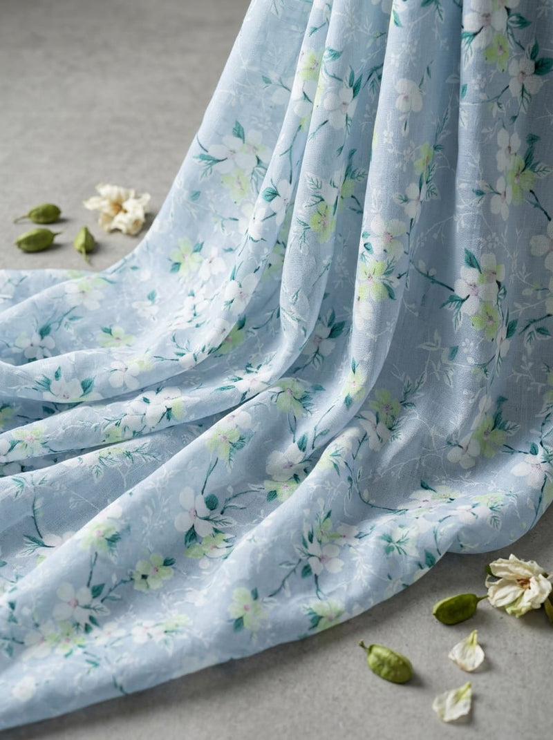 Blue Dainty Floral Blossom Print Muslin Digital Printed Fabric