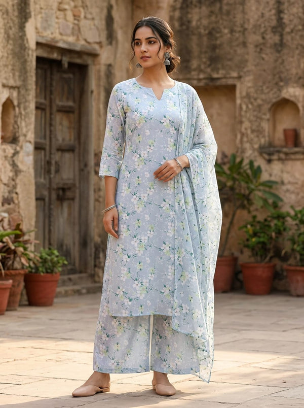 Blue Dainty Floral Blossom Print Muslin Digital Printed Fabric - Straight Kurta with Palazzo Lookbook - MU-0-TA05677-110 - alternate view