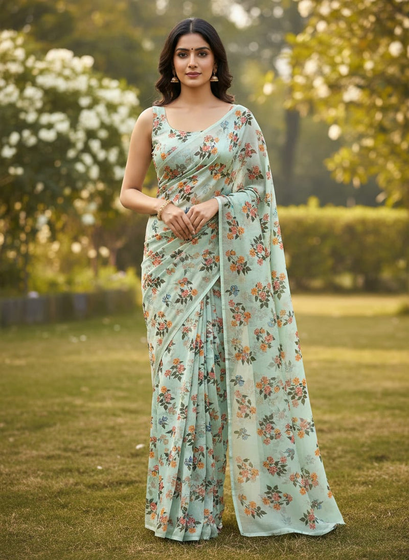 Floating Yellow Sunflower With Green Leaves Digital Printed Fabric - Kora Silk