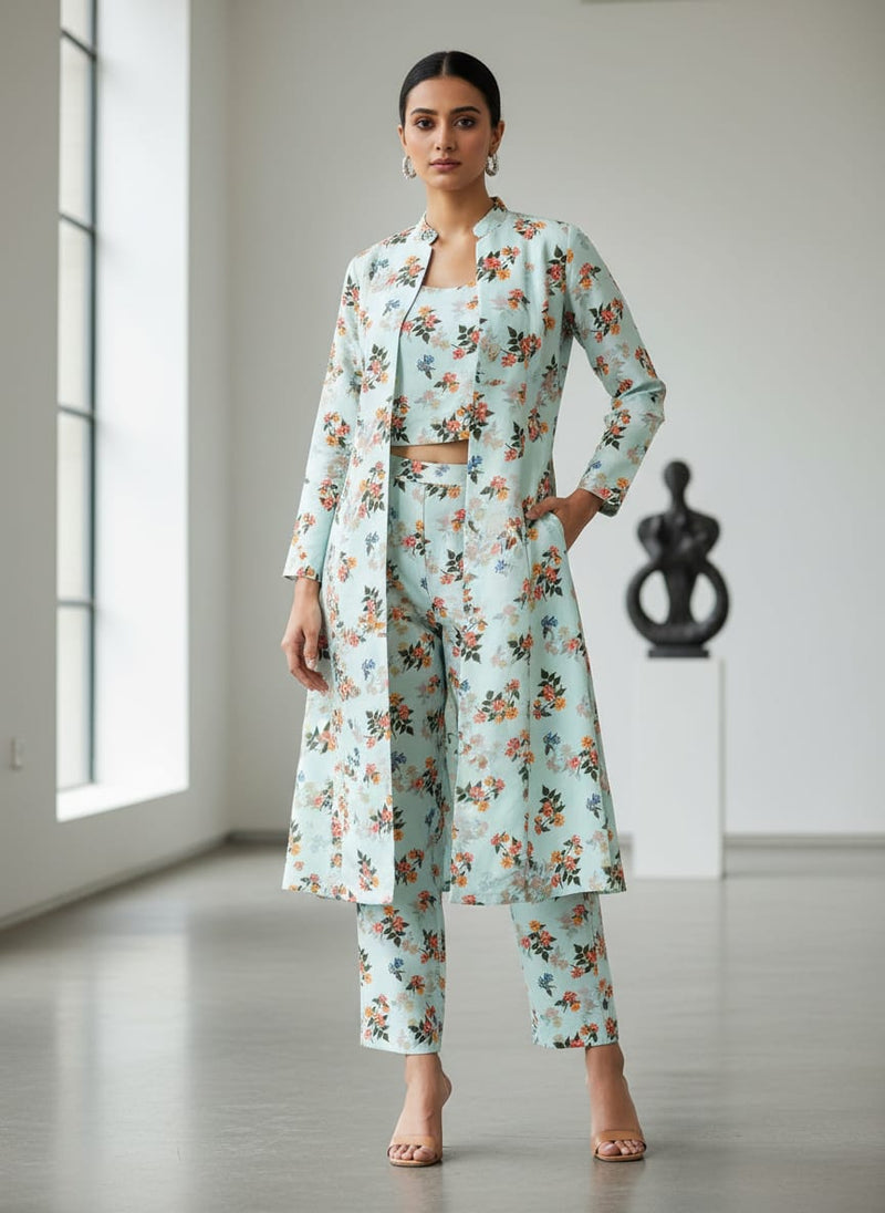 Floating Yellow Sunflower With Green Leaves Digital Printed Fabric - Kora Silk