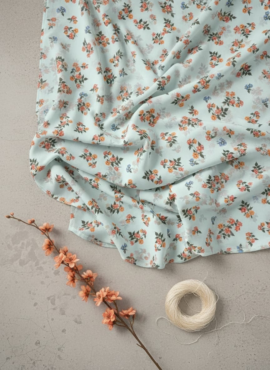 Blue Ditsy Floral Bouquets Silk Crepe Digital Printed Fabric