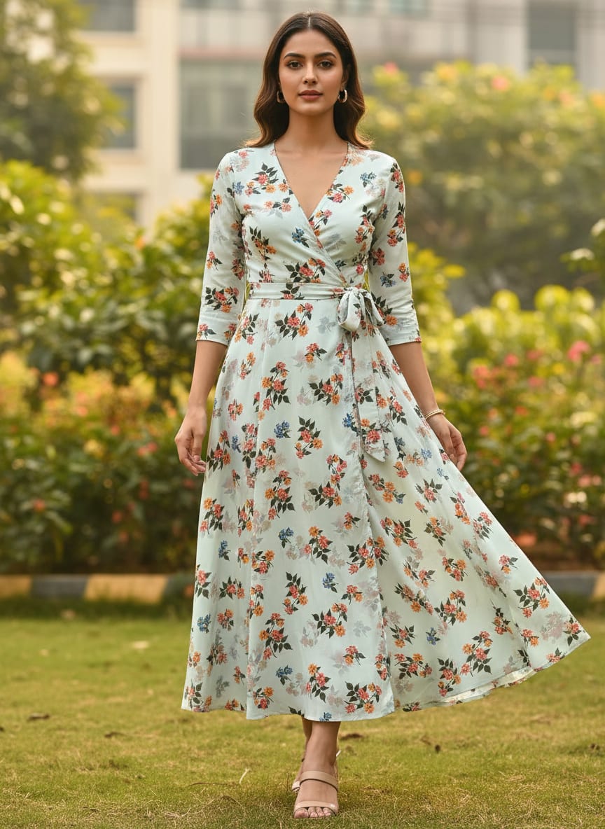 Blue Ditsy Floral Bouquets Silk Crepe Digital Printed Fabric