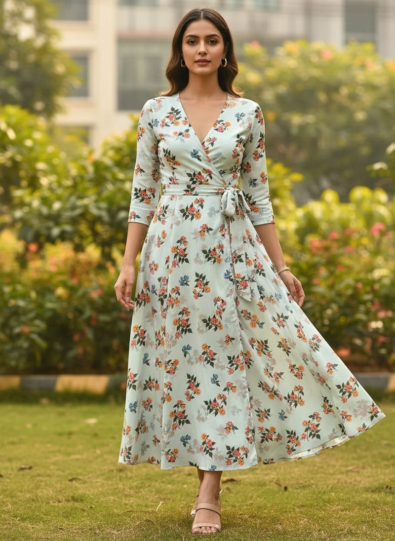 Blue Ditsy Floral Bouquets Silk Crepe Digital Printed Fabric
