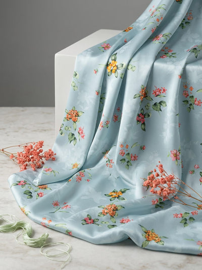 Blue Ditsy Floral Bouquets Japan Satin Digital Printed Fabric