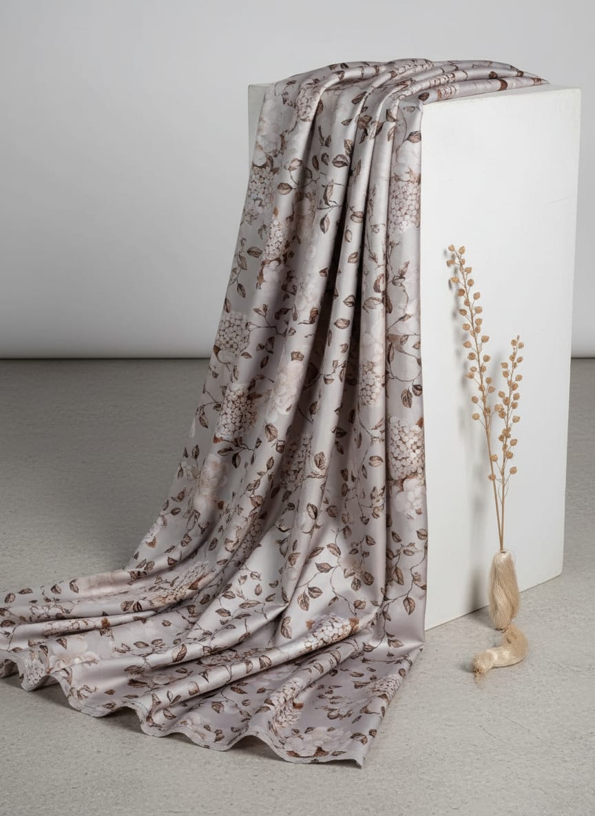 Grey Vintage Botanical Floral Print Japan Satin Digital Printed Fabric