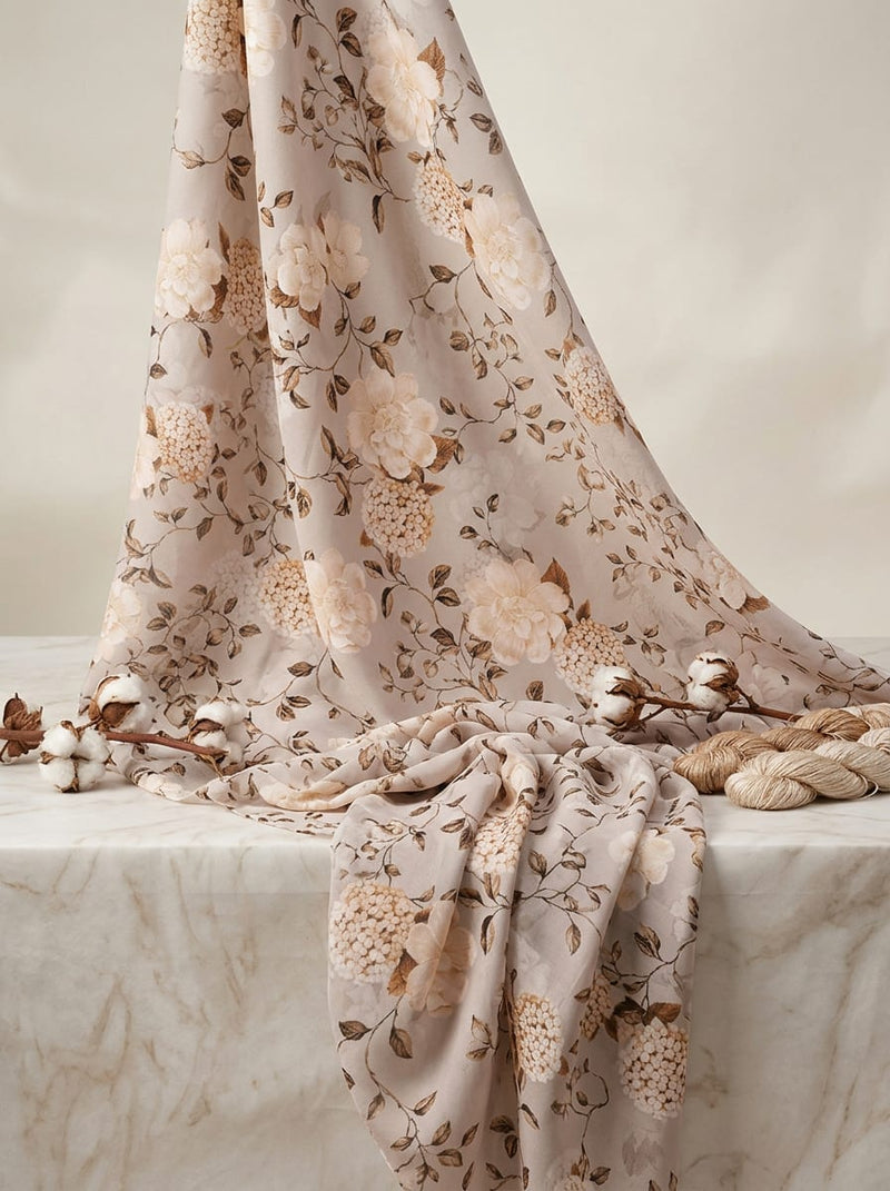 Grey Muted Floral and Hydrangea Vine Muslin Digital Printed Fabric