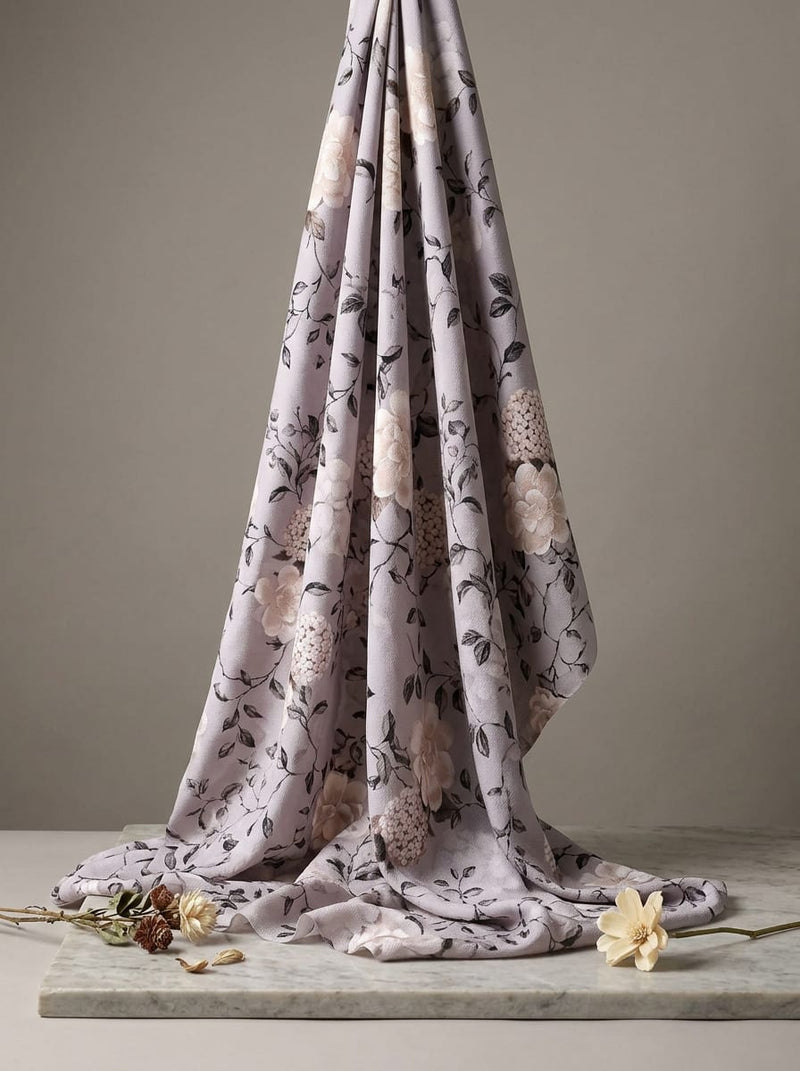 Grey Vintage Floral Vine Print Silk Crepe Digital Printed Fabric