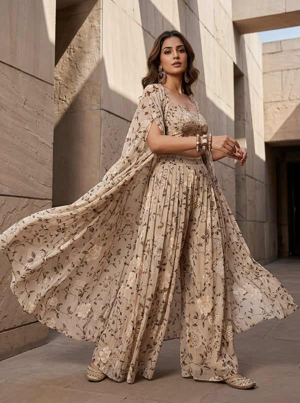 Grey Vintage Botanical Floral Pure Georgette Digital Printed Fabric - Cape with Palazzo Lookbook - PG-0-TA05726-110 - alternate view