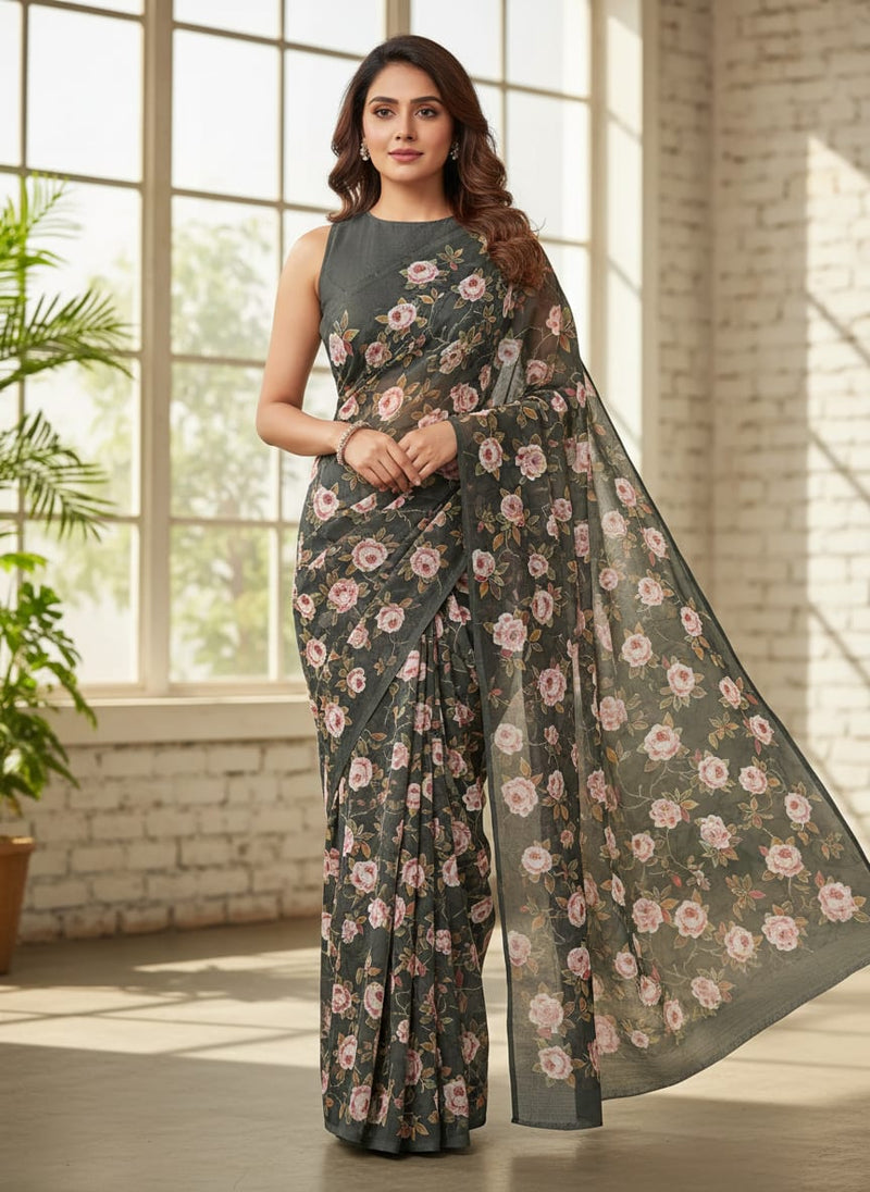 Ditsy Pink Rose With Green Leaves Digital Printed Fabric - Kora Silk