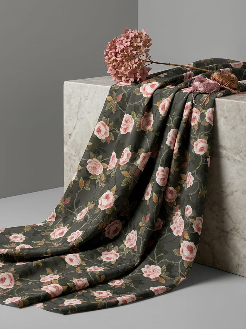 Olive Vintage Rose Floral Weightless Digital Printed Fabric
