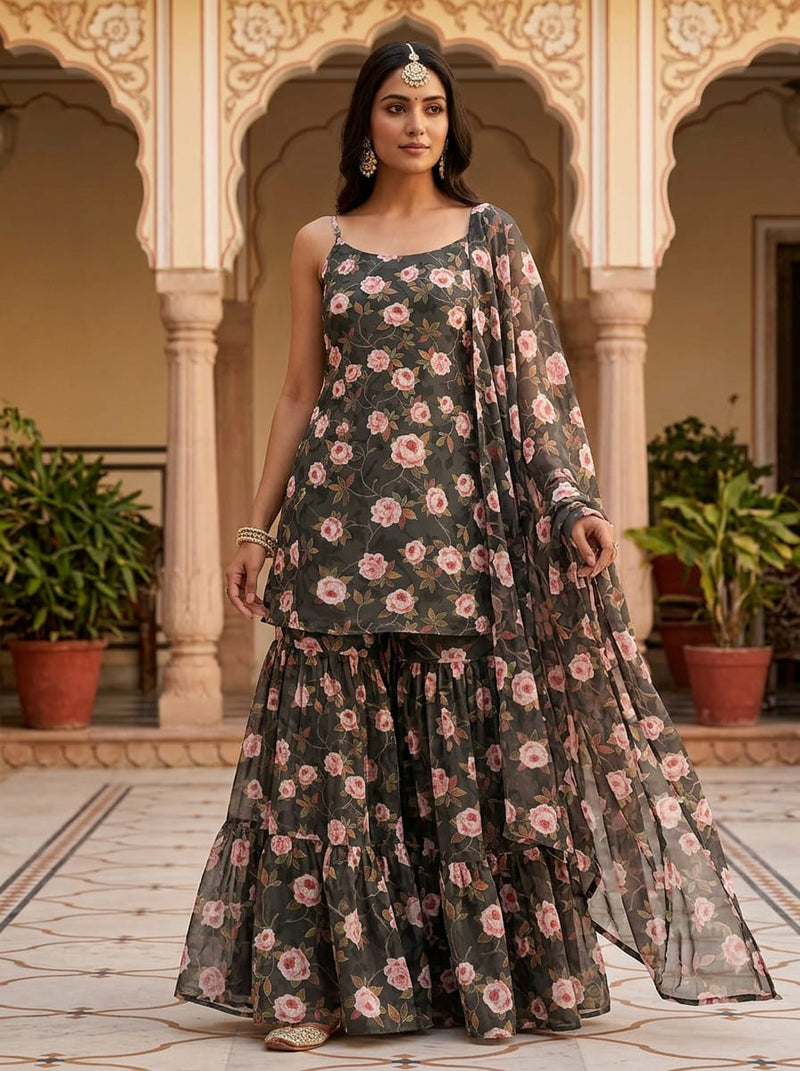 Olive Vintage Rose Floral Weightless Digital Printed Fabric