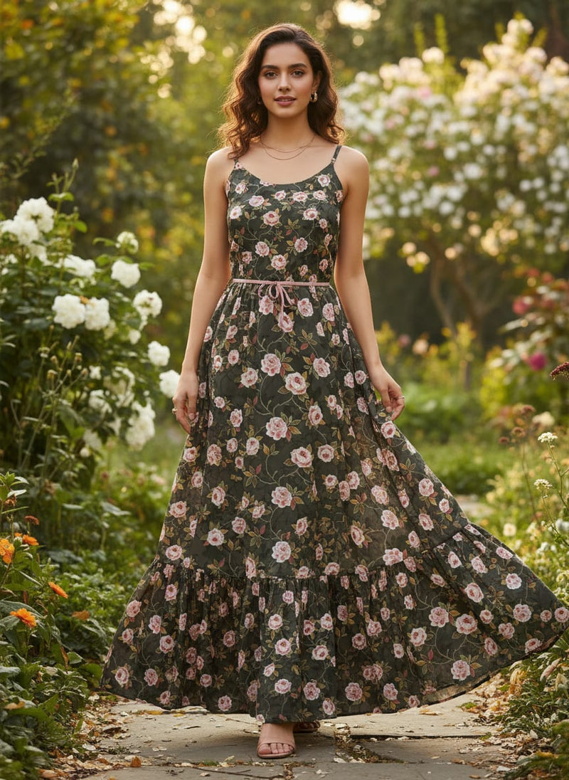 Ditsy Pink Rose With Green Leaves Digital Printed Fabric - Weightless