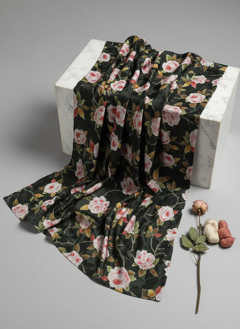 Ditsy Pink Rose With Green Leaves Digital Printed Fabric - Crepe