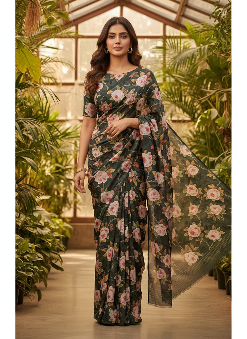 Ditsy Pink Rose With Green Leaves Digital Printed Fabric - Crepe