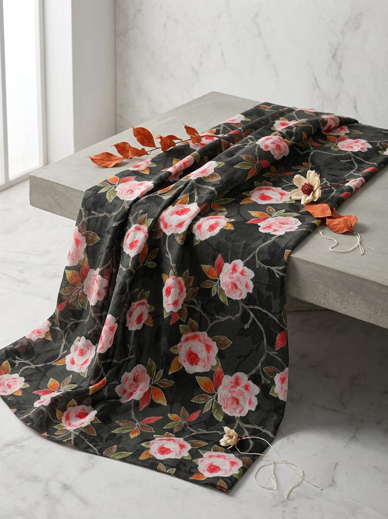 Black Vintage Rose Floral Pure Cotton Digital Printed Fabric