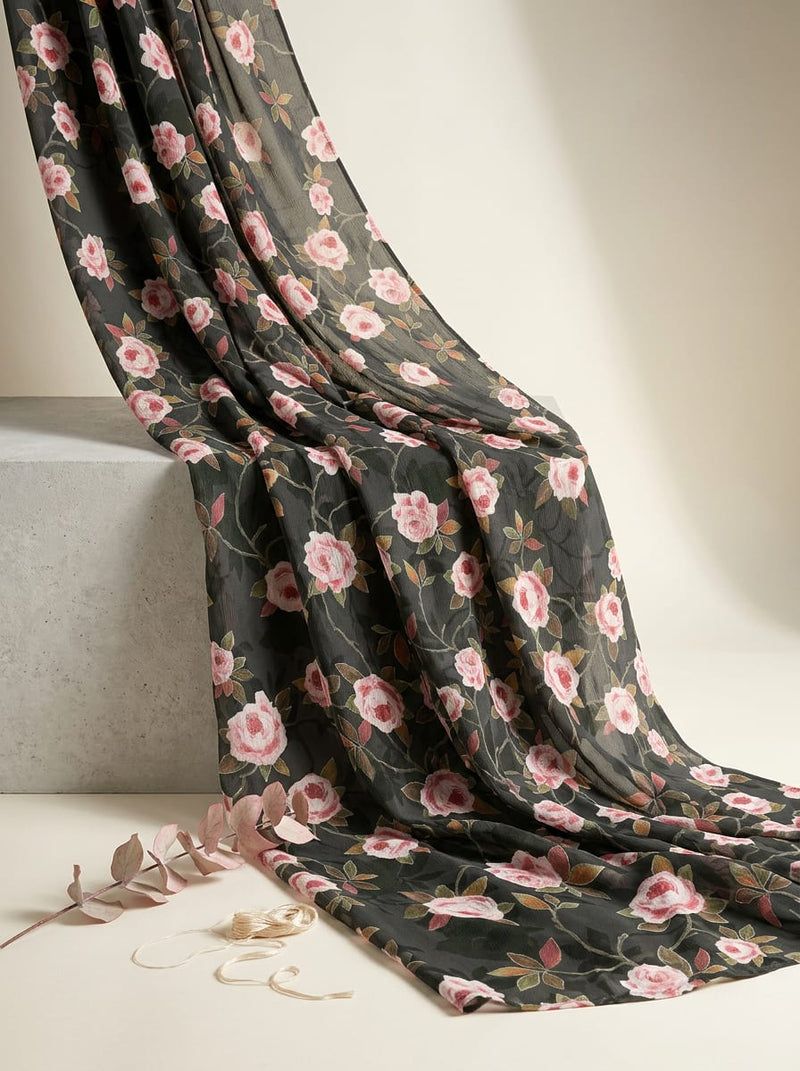 Grey Vintage Rose Garden Floral Pure Georgette Digital Printed Fabric