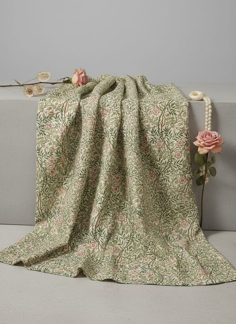 Western Flowers Small Leaves Digital Printed Fabric - Tusser Silk